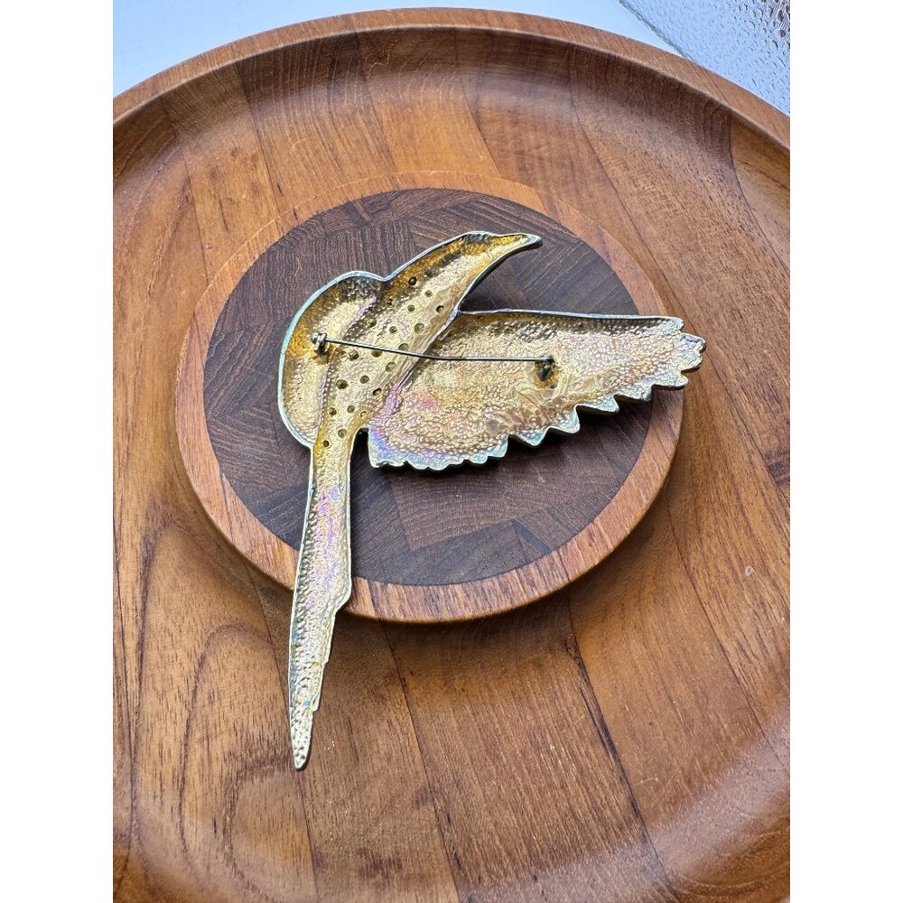 Large Stylized Bird Brooch Encrusted Rhinestones Goldtone Black White Enamel Pin - Picture 3 of 5